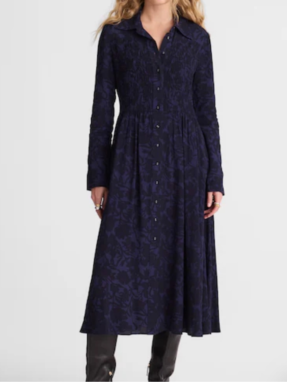 Madewell Smocked Midi Shirtdress in Alexis Navy Floral, size 10